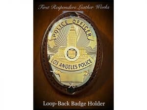 A Badge Holder (Loop) in brown leather displays a Los Angeles Police Department badge, with "First Responders Leather Works" shown above.